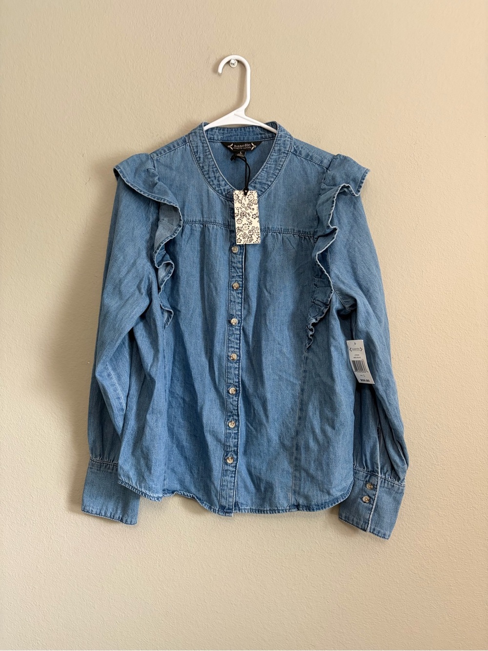 Nanette Lepore ruffled chambray button-up shirt light blue denim wash size large